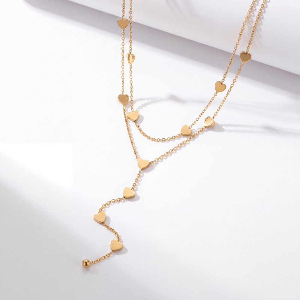 MÖBIU™ Collana Amor – Collana a Y Multifilo con Cuoricini in Acciaio Placcato Oro